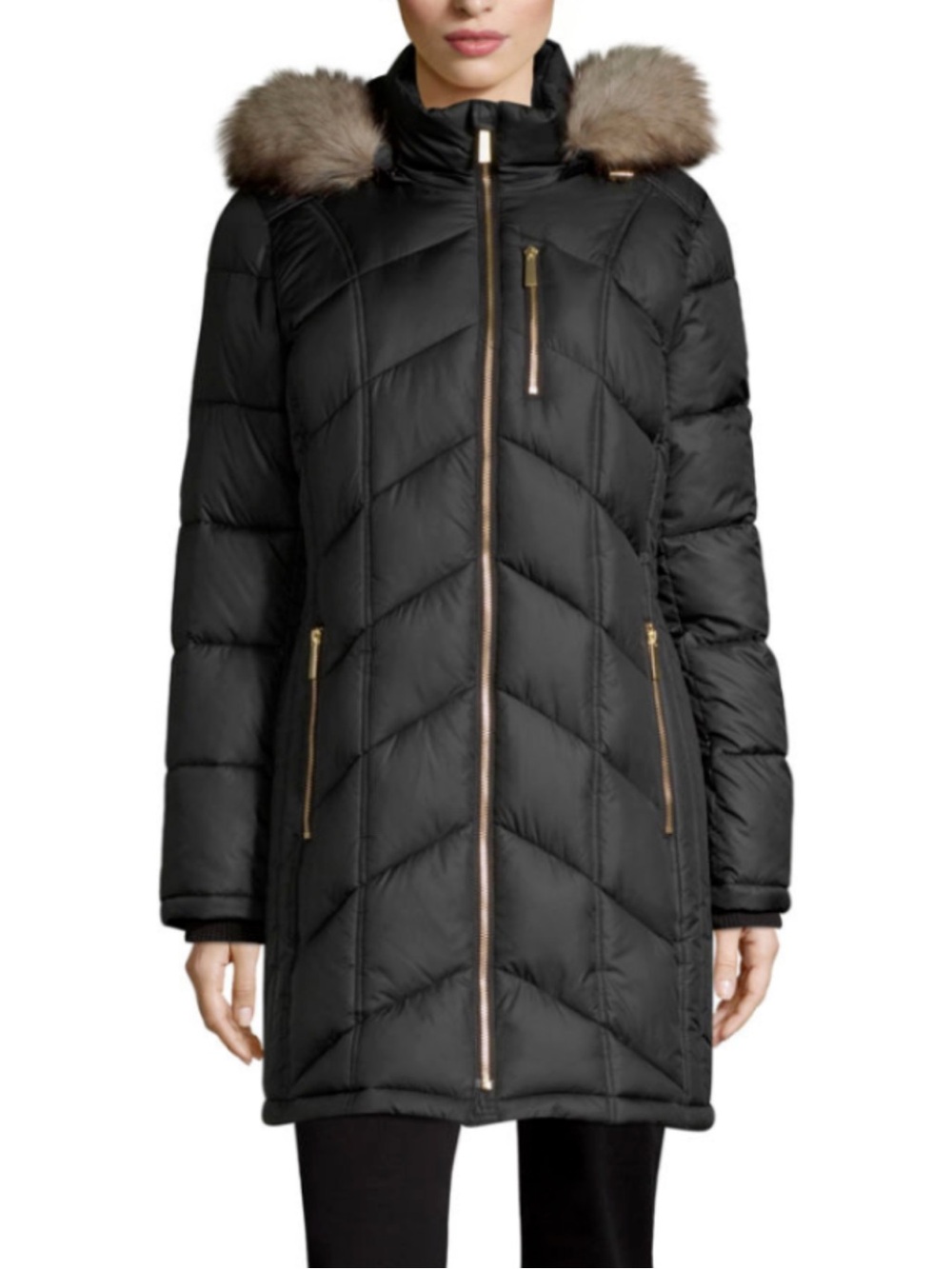 Liz Claiborne Black Long Quilted Hooded Puffer with Gold Zipper Accents